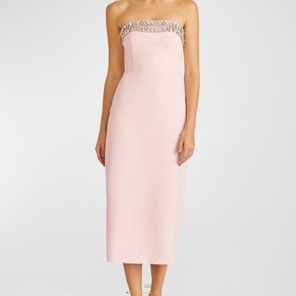 ML Monique Lhuillier Strapless Crystal Embellished Midi Dress Pearl Pink